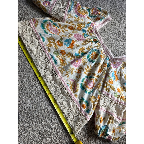 Floral Linen Blend Crochet Puff Sleeve Blouse XL Multicolor Fairycore boho - Picture 6 of 11